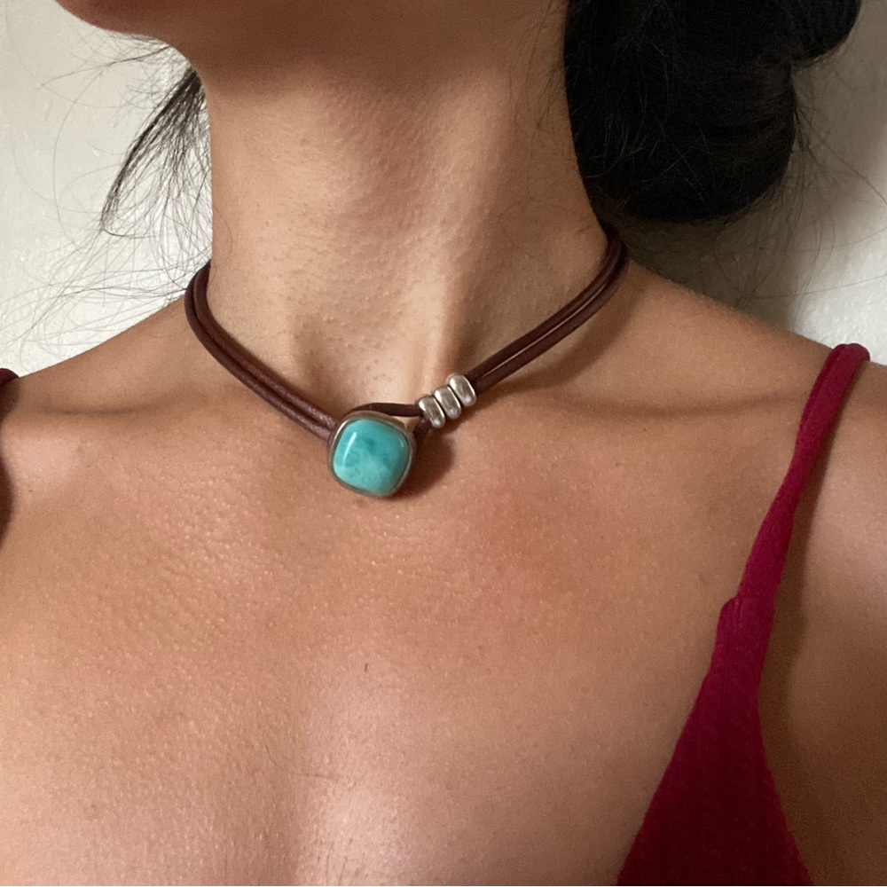 Turquoise, Brass, Silver, and Brown Leather choker necklace.